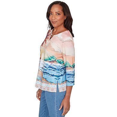Petite Alfred Dunner Sunset Beach Scenic Split Neck Top