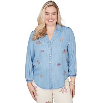 Petite Alfred Dunner Floral Embroidered Button Front Top