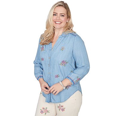 Petite Alfred Dunner Floral Embroidered Button Front Top