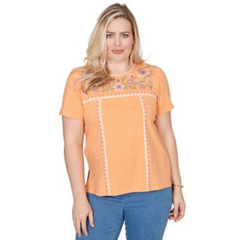 Petite Alfred Dunner Embroidered Floral Neck Short Sleeve Tee