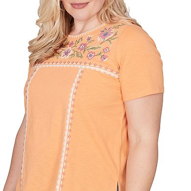 Petite Alfred Dunner Embroidered Floral Neck Short Sleeve Tee