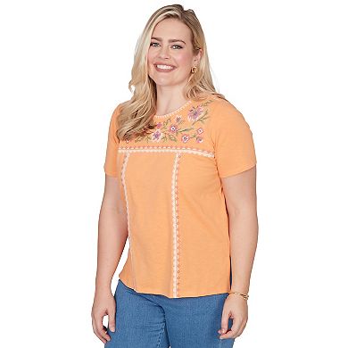 Petite Alfred Dunner Embroidered Floral Neck Short Sleeve Tee