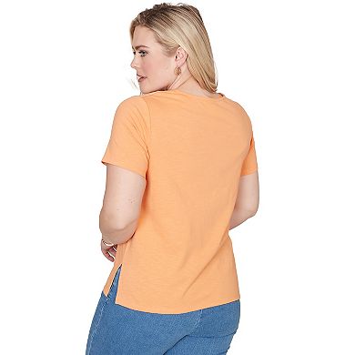 Petite Alfred Dunner Embroidered Floral Neck Short Sleeve Tee