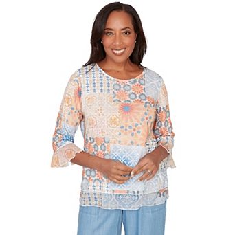 Petite Alfred Dunner Patchwork Medallion Ruffle Sleeve Top