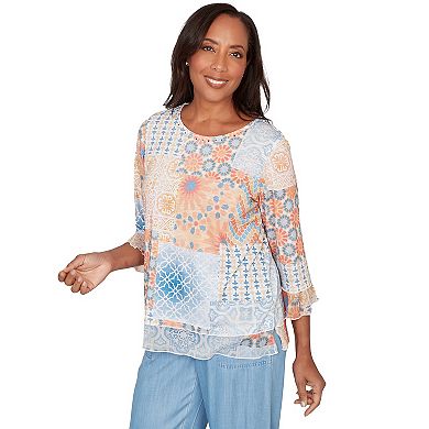 Petite Alfred Dunner Patchwork Medallion Ruffle Sleeve Top