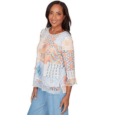 Petite Alfred Dunner Patchwork Medallion Ruffle Sleeve Top