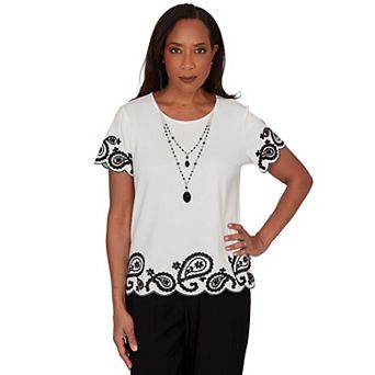Petite Alfred Dunner Paisley Border Tee with Necklace