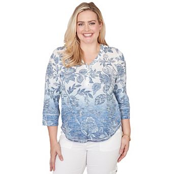 Petite Alfred Dunner Ombre Batik Floral Henley Top