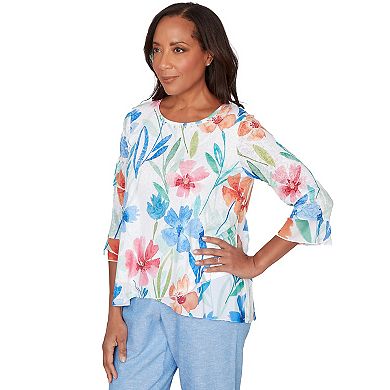 Petite Alfred Dunner Whimsical Flower Bell Sleeve Top