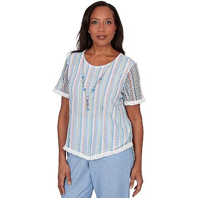 Petite Alfred Dunner Textured Stripe Tee with Necklace