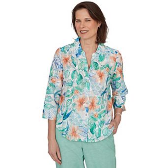Petite Alfred Dunner Tropical Flower Eyelet Tie Sleeve Top