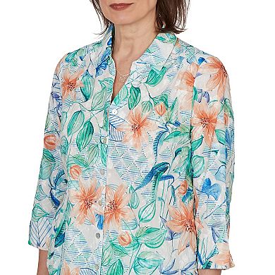 Petite Alfred Dunner Tropical Flower Eyelet Tie Sleeve Top