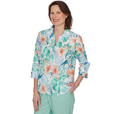 Petite Alfred Dunner Tropical Flower Eyelet Tie Sleeve Top