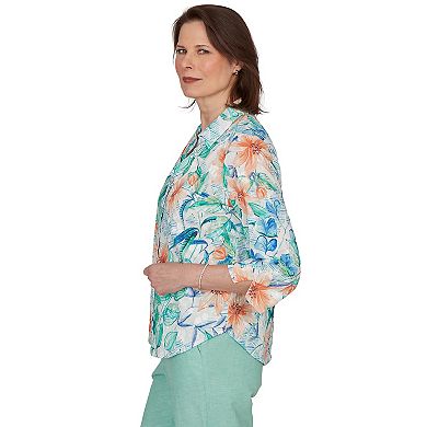 Petite Alfred Dunner Tropical Flower Eyelet Tie Sleeve Top