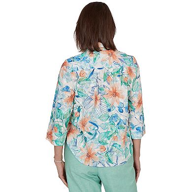 Petite Alfred Dunner Tropical Flower Eyelet Tie Sleeve Top