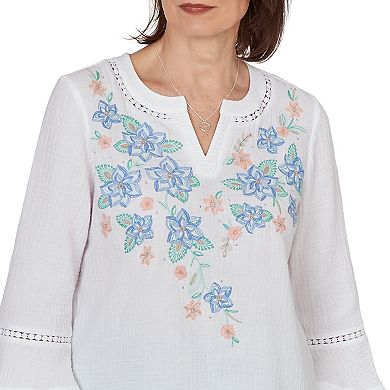 Petite Alfred Dunner Tropical Floral Split Neck Embroidered Top