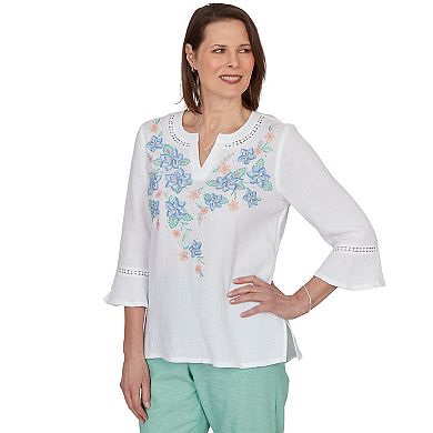 Petite Alfred Dunner Tropical Floral Split Neck Embroidered Top