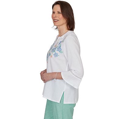 Petite Alfred Dunner Tropical Floral Split Neck Embroidered Top