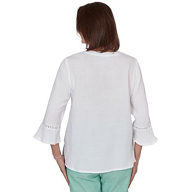 Petite Alfred Dunner Tropical Floral Split Neck Embroidered Top