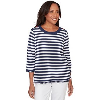 Petite Alfred Dunner Pique Stripe Button Detail Top