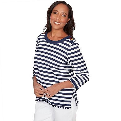 Petite Alfred Dunner Pique Stripe Button Detail Top