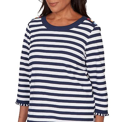 Petite Alfred Dunner Pique Stripe Button Detail Top