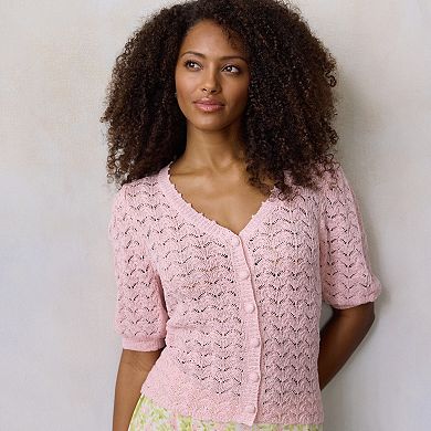 Women's LC Lauren Conrad Pointelle V-Neck Short Sleeve Sweater