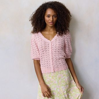 Women's LC Lauren Conrad Pointelle V-Neck Short Sleeve Sweater