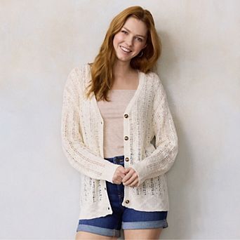Petite LC Lauren Conrad Pointelle V-Neck Cardigan