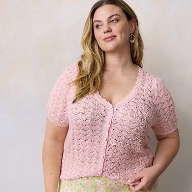 Plus Size LC Lauren Conrad Pointelle V-Neck Short Sleeve Cardigan