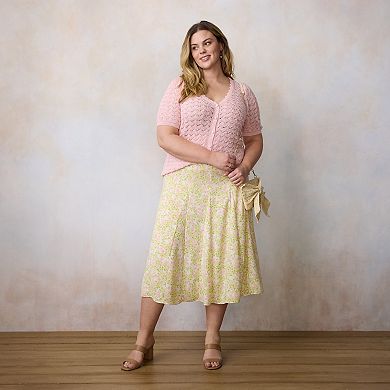 Plus Size LC Lauren Conrad Pointelle V-Neck Short Sleeve Cardigan