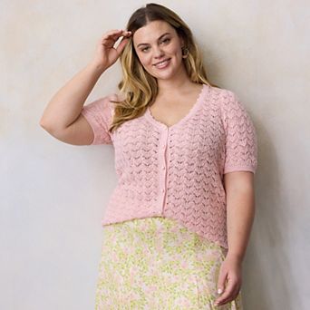 Plus Size LC Lauren Conrad Pointelle V-Neck Short Sleeve Cardigan