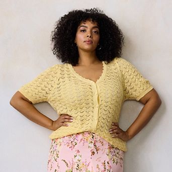Plus Size LC Lauren Conrad Pointelle V-Neck Short Sleeve Cardigan