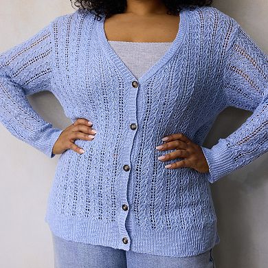 Plus Size LC Lauren Conrad Pointelle V-Neck Cardigan Sweater