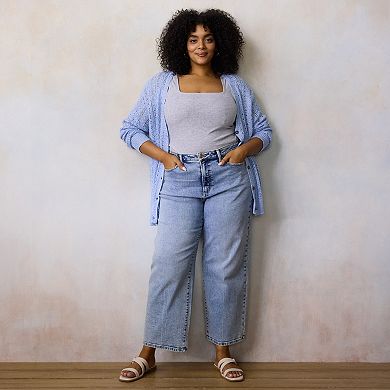 Plus Size LC Lauren Conrad Pointelle V-Neck Cardigan Sweater