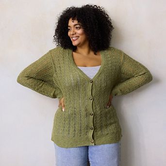 Plus Size LC Lauren Conrad Pointelle V-Neck Cardigan Sweater