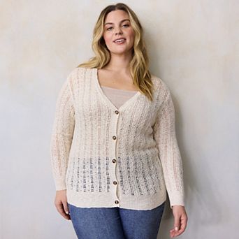 Plus Size LC Lauren Conrad Pointelle V-Neck Cardigan Sweater