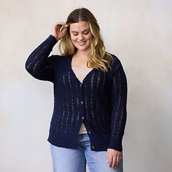 Plus Size LC Lauren Conrad Pointelle V-Neck Cardigan Sweater