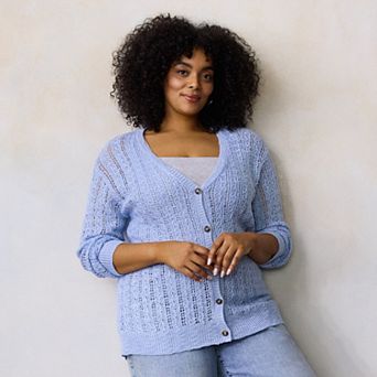 Plus Size LC Lauren Conrad Pointelle V-Neck Cardigan Sweater