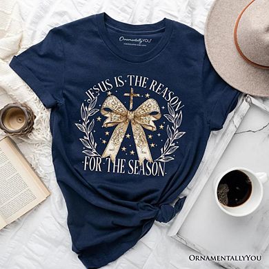 Jesus Is the Reason Christmas T‑Shirt, Coquette Gold Bow Cross Tee for Faithful Women