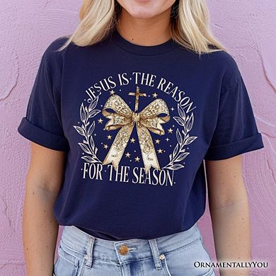 Jesus Is the Reason Christmas T‑Shirt, Coquette Gold Bow Cross Tee for Faithful Women