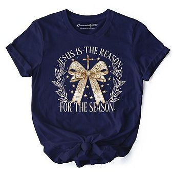 Jesus Is the Reason Christmas T‑Shirt, Coquette Gold Bow Cross Tee for Faithful Women