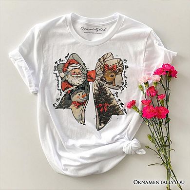 Coquette Christmas Bow T‑Shirt, It's Most Wonderful Time Of The Year Vintage Tee With Santa