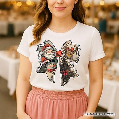 Coquette Christmas Bow T‑Shirt, It's Most Wonderful Time Of The Year Vintage Tee With Santa