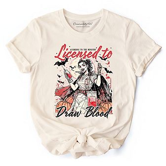 Licensed to Draw Blood Halloween Nurse T-Shirt, Groovy Tee for Spooky Season