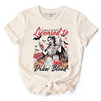 Licensed to Draw Blood Halloween Nurse T-Shirt, Groovy Tee for Spooky Season