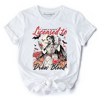 Licensed to Draw Blood Halloween Nurse T-Shirt, Groovy Tee for Spooky Season