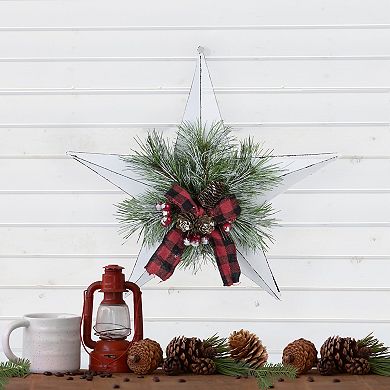 Northlight 17-Inch Christmas Star With Plaid Ribbon & Artificial Pine Wall Decor