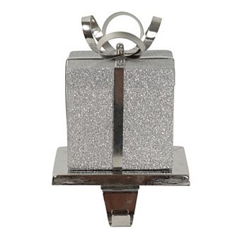 Northlight 5.5-Inch Glitter Gift Box with Bow Metal Stocking Holder