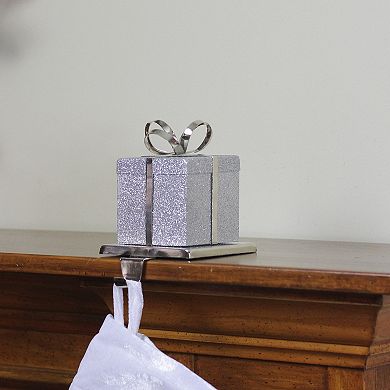 Northlight 5.5-Inch Glitter Gift Box with Bow Metal Stocking Holder